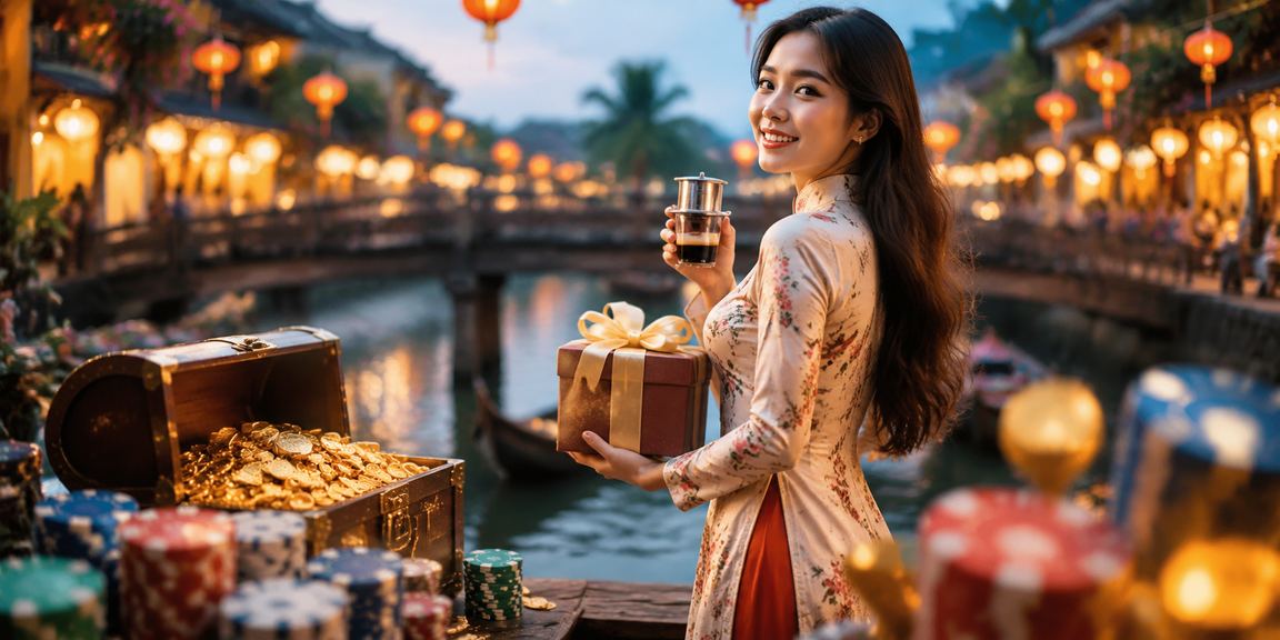 Người dùng Hội An xem danh mục trò chơi mới trong không gian cà phê buổi tối